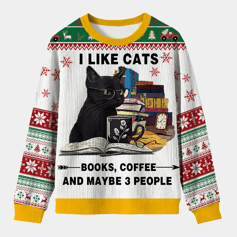 Personalized Reading Cat Relax Vibes Ugly Sweater Festive Gift for Bookworms