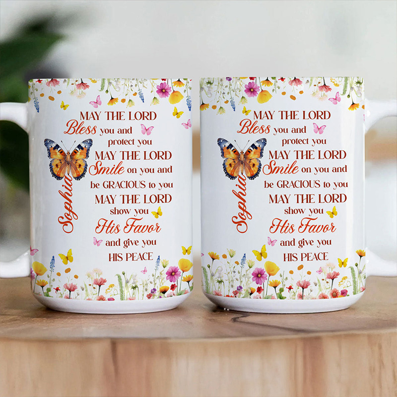 Personalized May The Lord Bless You 11oz 15oz Ceramic Mug with Birth Butterfly and Name Floral Butterfly Coffee Mug Religious Christian Gift for Her