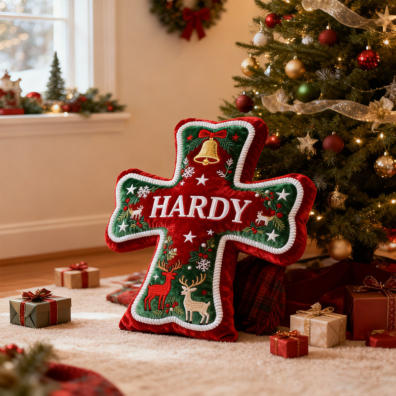 Personalized Christmas Cross Pillow with Custom Name Haliday Home Decor Gold Bell Snowflake Star Reindeer Graphic 3D Print Christian Gift for Xmas
