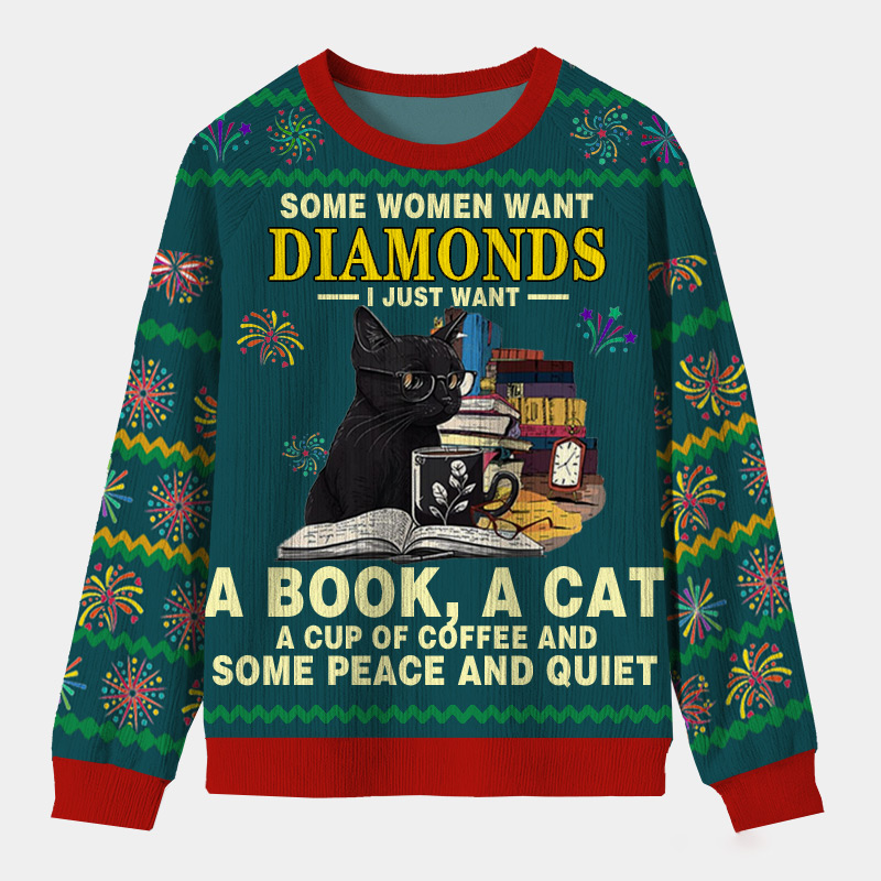 Personalized Bookish Cat Coffee Cozy Scene Ugly Sweater Holiday Gift for Book Lovers