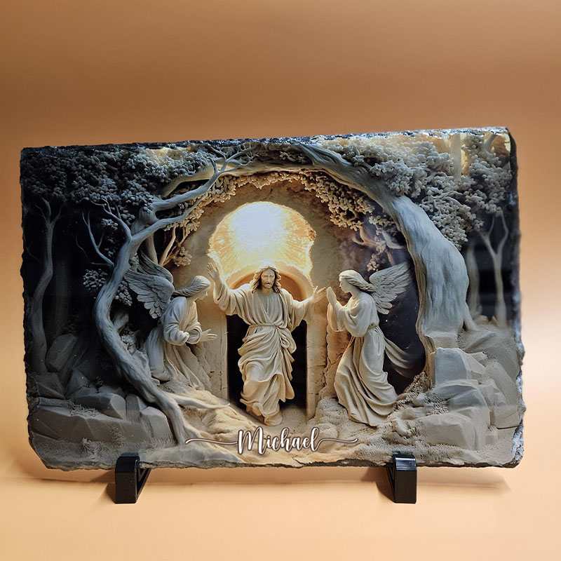 Personalized Jesus Rising Tomb Slate Plaque with Custom Name Easter Decor with Angels Christian Holiday Garden Stone Easter Gift