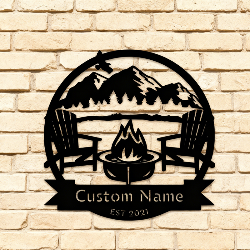 Personalized Campsite Mountain Scene Monogram Custom Metal Name Sign Outdoor Decor Camping Established Sign Metal Wall Art