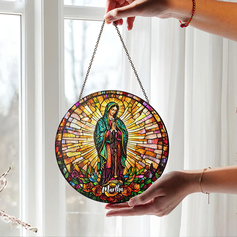 Personalized Our Lady of Guadalupe Stained Glass Suncatcher Ornament with Name Window Hanging Decor Virgin Mary Faux Stained Glass Art Catholic Gift