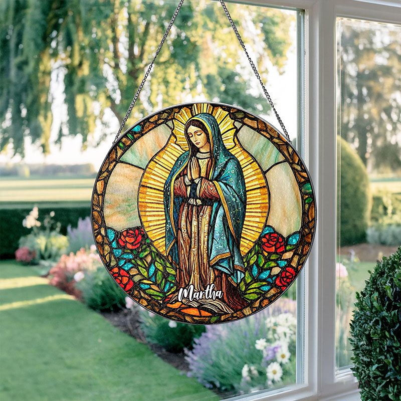 Personalized Our Lady of Guadalupe Stained Glass Suncatcher Ornament with Name Window Hanging Decor Virgin Mary Art Religious Gift Catholic Gift