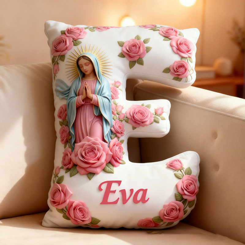 Personalized Virgin of Guadalupe Letter Pillow with Custom Name Religious Home Decor Catholic Prayer Gift for Her Pink Rose Graphic 3D Print Pillow