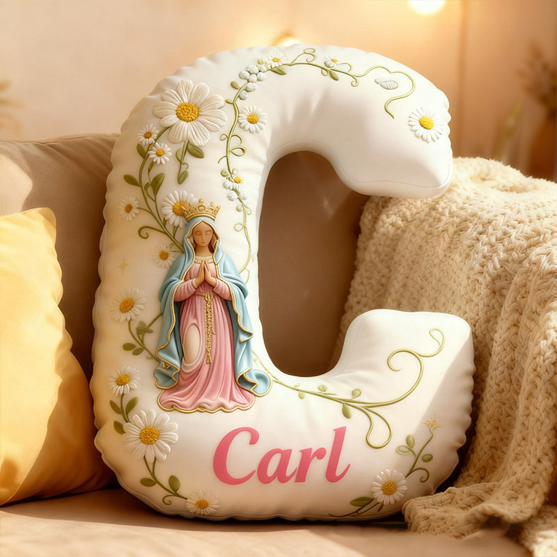 Personalized Virgin Mary Letter Pillow with Custom Name Home Decor Religious Faith Gift Catholic Gift for Her Daisy Floral Graphic 3D Print Pillow