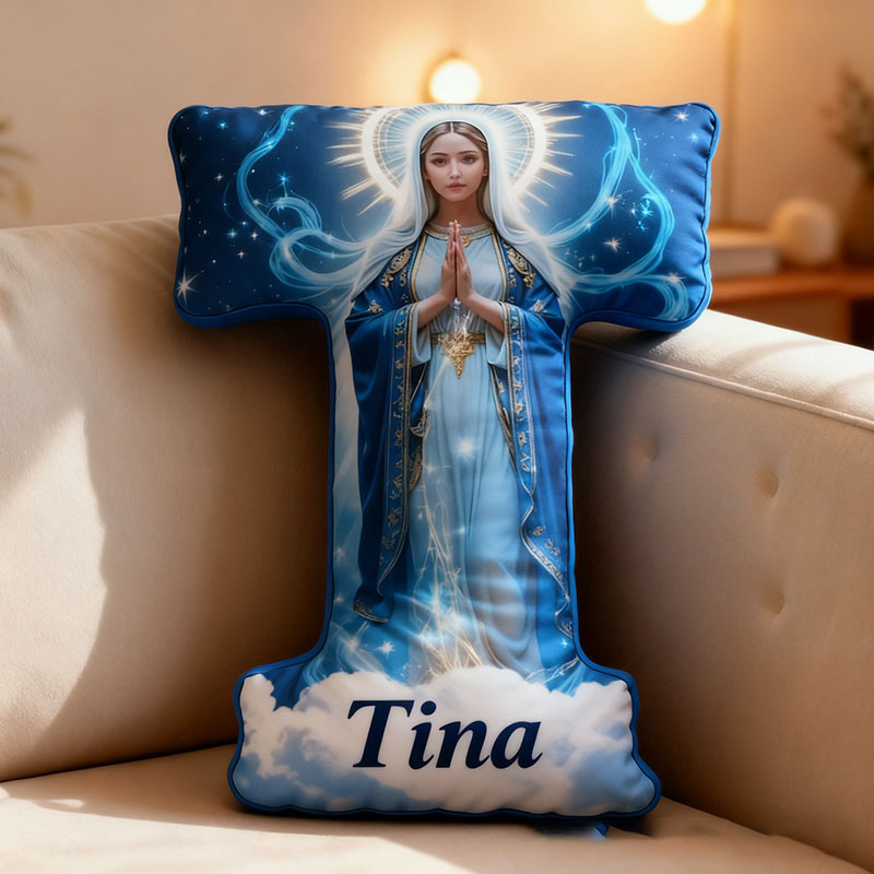 Personalized Virgin Mary Letter Pillow with Custom Name Religious Home Decor Catholic Gift for Pray & Faith Halo and Starry Graphic 3D Print Pillow