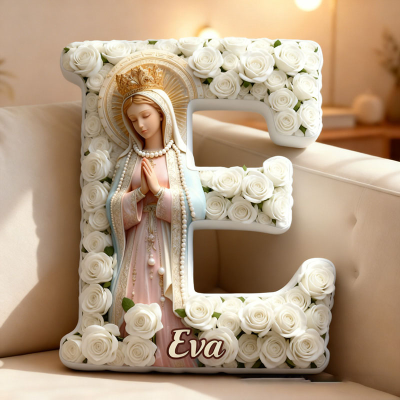 Personalized Virgin Mary Prayer Letter Pillow with Custom Name Faith Home Decor Catholic Gift for Her Golden Crown Pearl White Rose Graphic 3D Print