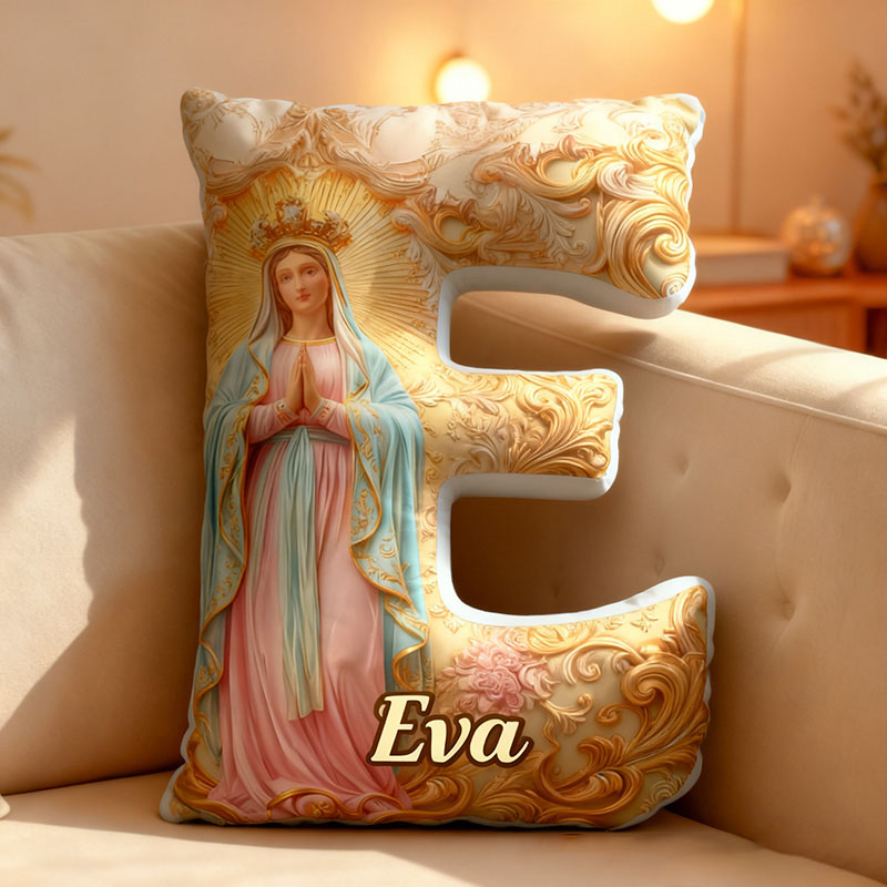 Personalized Virgin Mary Floral Letter Pillow with Custom Name Religious Home Decor Catholic Prayer Gift Our Lady of Guadalupe Blessed Graphic 3DPrint