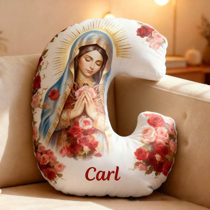 Personalized Virgen De Guadalupe Letter Pillow with Custom Name Home Decor Religious Christian Gift for Her Virgin Mary Red Rose Graphic 3D Print