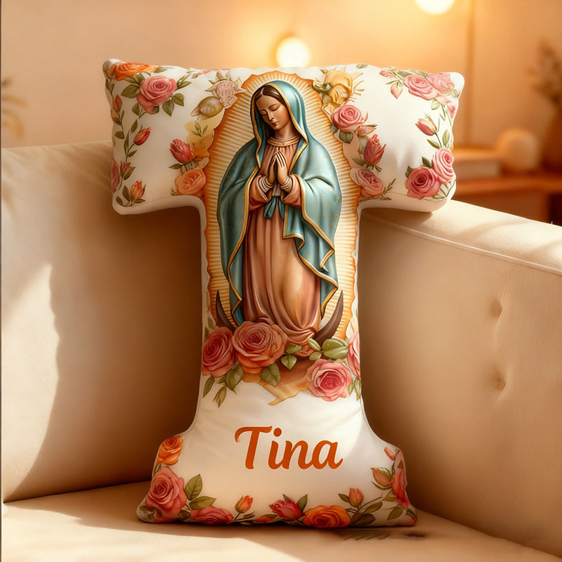Personalized Virgin Mary Letter Pillow with Custom Name Home Decor Religious Christian Gift for Her Our Lady of Guadalupe Rose Graphic 3D Print Pillow