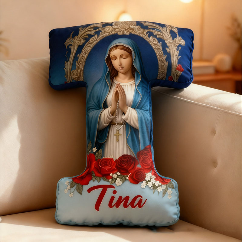 Personalized Virgin Mary Letter Pillow with Custom Name Home Decor Peace Light and Blessing Christian Gift for All Believers Red Rose Graphic 3D Print