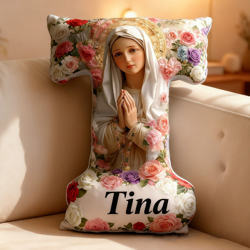 Personalized Virgin Mary Letter Pillow with Custom Name Home Decor Catholic Gift for Women Religious Gift for Believer Froral Graphic 3D Print Pillow