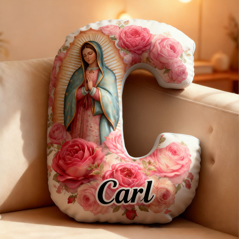 Personalized Virgen de Guadalupe Letter Pillow with Custom Name Religious Home Decor Catholic Gift for Her La Guadalupana Pink Rose Graphic 3D Print