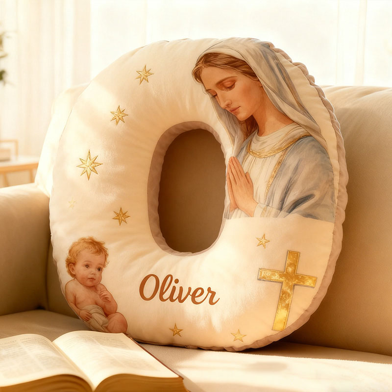 Personalized the Virgin Mary and baby Jesus Letter Pillow with Custom Name Religious Home Decor Graphic 3D Print Pillow Christian Gift Faith Gift