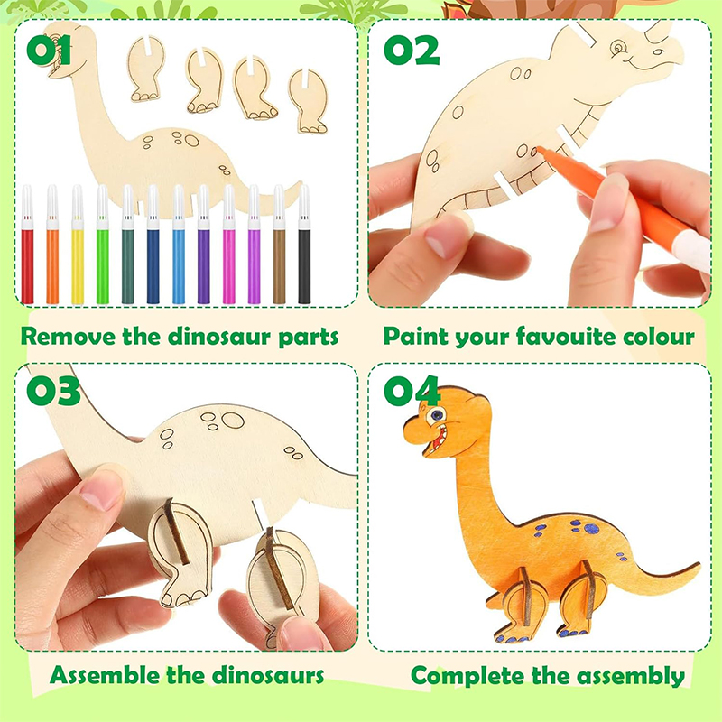 Personalized DIY Wooden 3D Dinosaur Puzzle Kit for Kids Creative Coloring with Markers Included