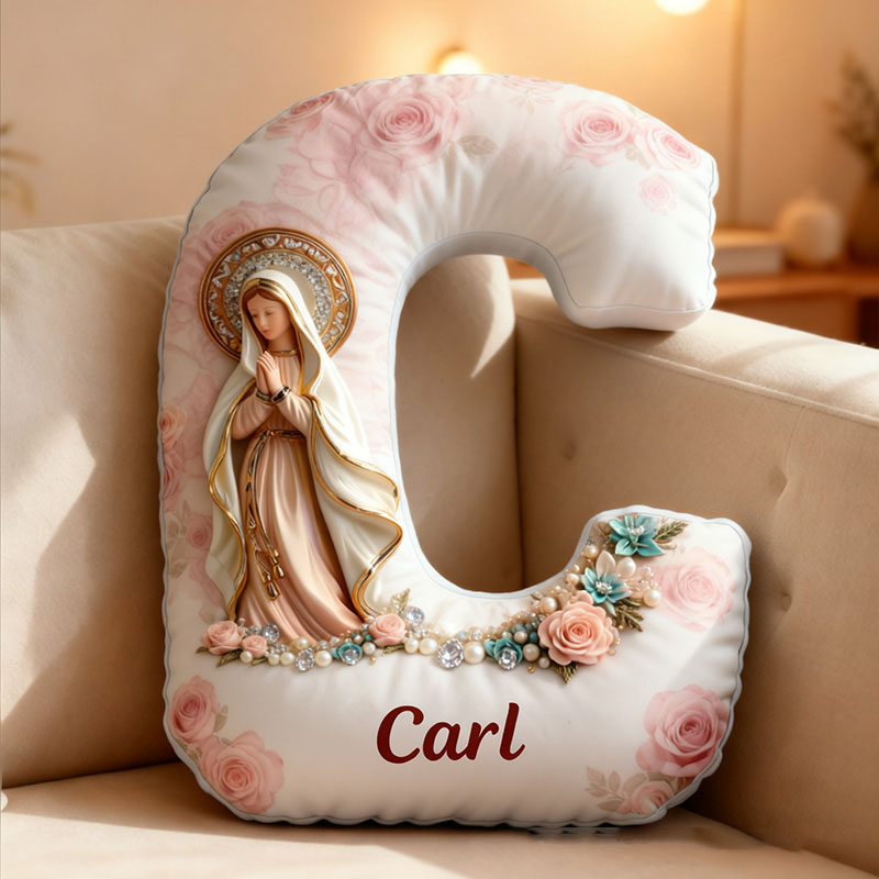 Personalized Virgin Mary Floral Letter Pillow with Custom Name Mary Religious Home Decor Catholic Gift for Her Virgin Mary Gift Graphic 3DPrint Pillow