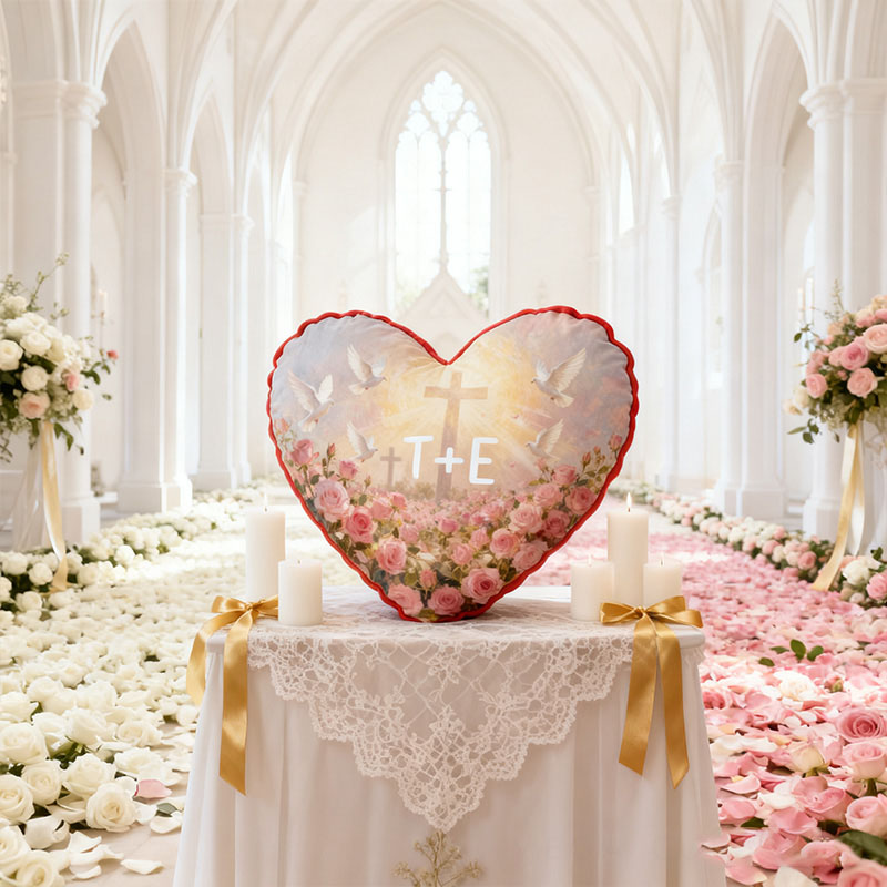 Personalized Cross and white Doves Valentine's Heart Pillow with Custom Name Home Decor Religious Faith Gift for Couple Valentine's Day Gift