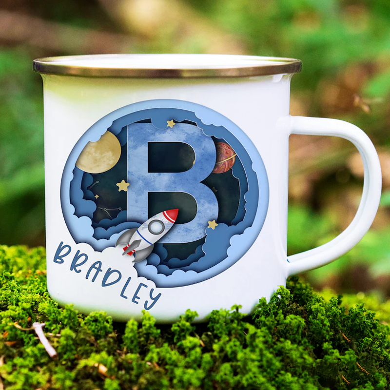 Personalised Alphabet Space Camp Mug Space Themed Boys Gift Enamel Cup Space and Planets Birthday Gift Space Cup