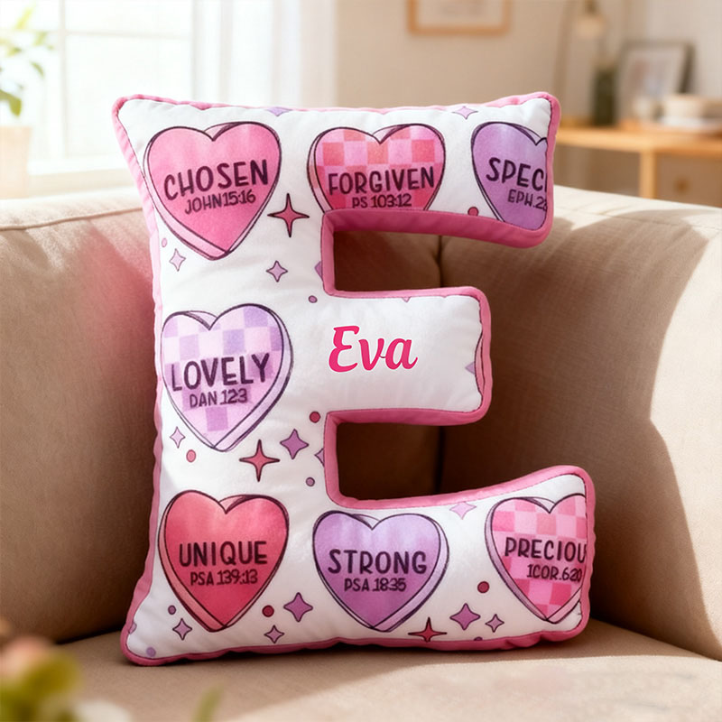 Personalized Bible Verse Heart Shaped Letter Pillow with Custom Name Religious Home Decor Christian Gift Valentine Gift Encouragement Graphic 3D Print