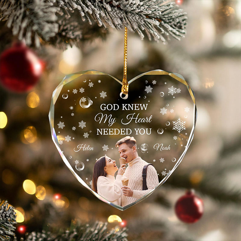 Personalized God Knew My Heart Needed You Couple Christmas Glass Ornament with Custom Name and Photo Romantic Holiday Gift Anniversary Gift for Couple
