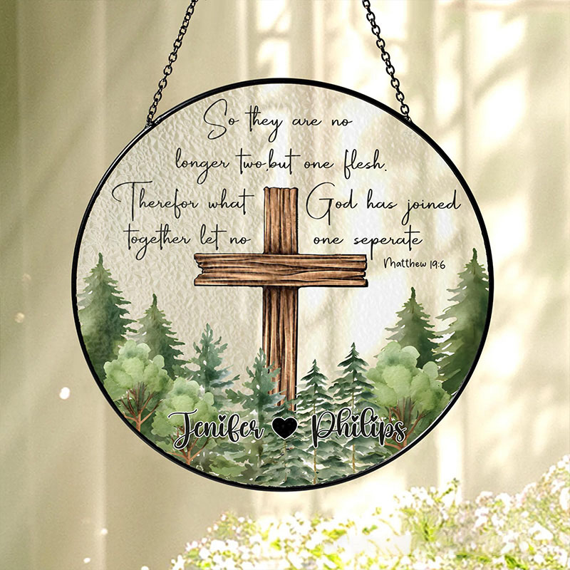 Personalized Christian Wedding Stained Glass Suncatcher Ornament with Custom Name Cross Window Hanging Decor Religious Gift for Couple Wedding Gift