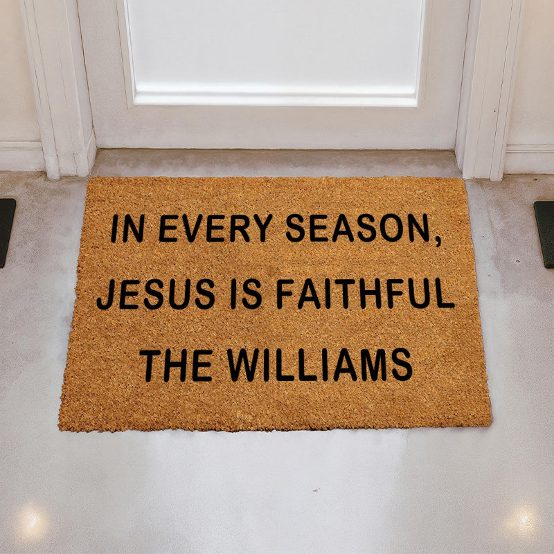 Personalized in Every Season Jesus is Faithful Doormat with Custom Family Name Non-Slip Durable Front Door Decor Christian Welcome Mat Religious Gift
