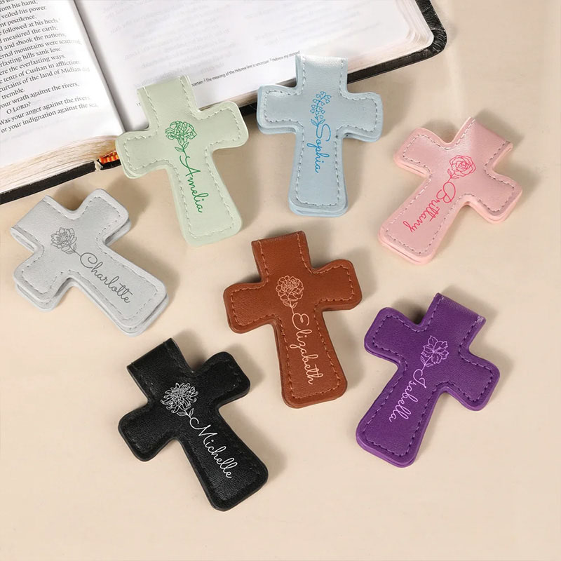 Personalized Birth Flower PU Leather Cross Magnetic Bookmark Clip with Name Reading Supplies First Communion Baptism Gift for Christians Bookworms