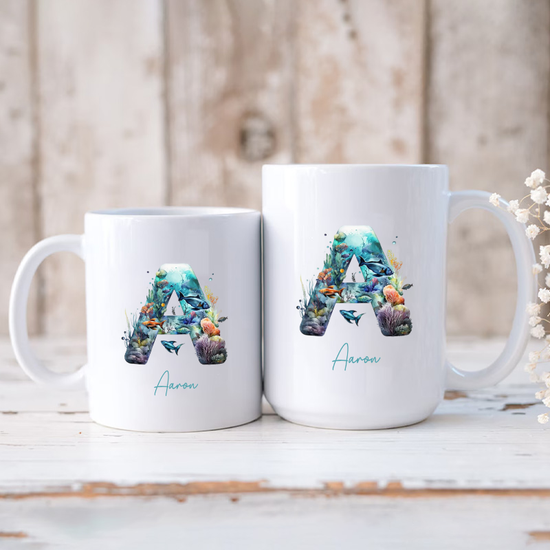 Personalized Fishing Mug Coffee Mug Ocean Fish Letter Design Custom Name Unique Gift for Anglers and Sea Life Lovers