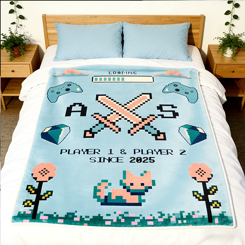 Personalized Gamer Couple Blanket Pixel Art Anniversary Gift Video Game Tapestry Blanket Geek Game Lover Gift