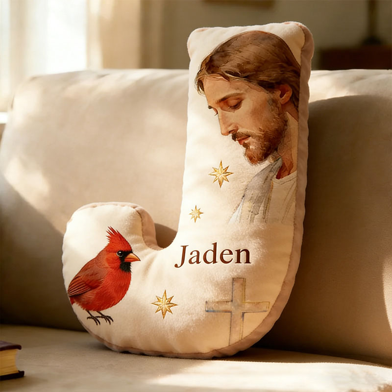 Personalized Jesus with Cardinals Letter Pillow with Custom Name Religious Home Decor Jesus Christ Graphic 3D Print Pillow Christian Gift Faith Gift