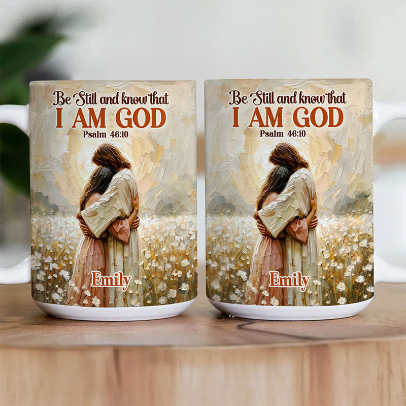 Personalized Be Still and Know that I am God 11oz 15oz Ceramic Mug with Custom Name Jesus Embrace Coffee Mug Religious Gift for Her Faith Gift