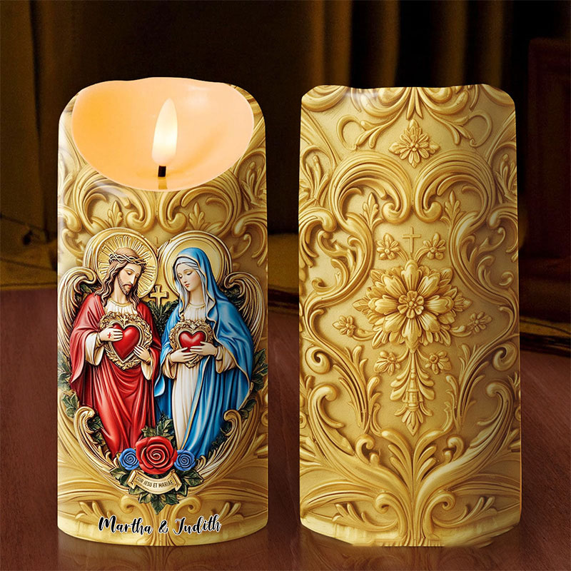 Personalized Eternal Hearts of Heaven Flameless LED Candle with Name Catholic Religious Decor Sacred Heart of Jesus and Virgin Mary Prayer Faith Gift
