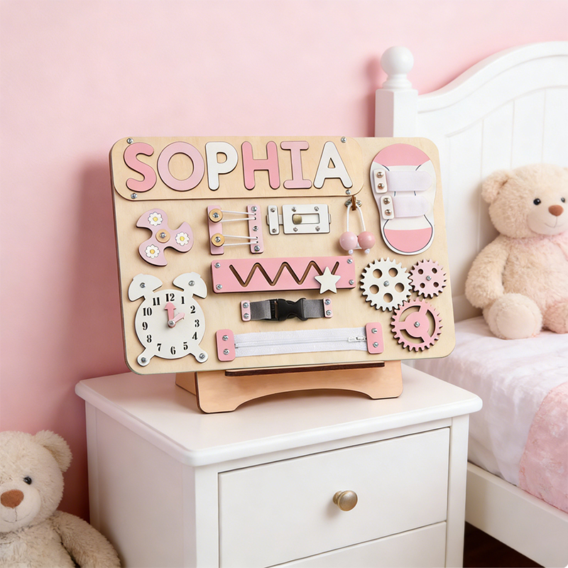 Personalized Montessori Busy Board Wooden Sensory Activity Toy for Toddlers Customizable Name 10+ Interactive Features Develops Fine Motor Skills