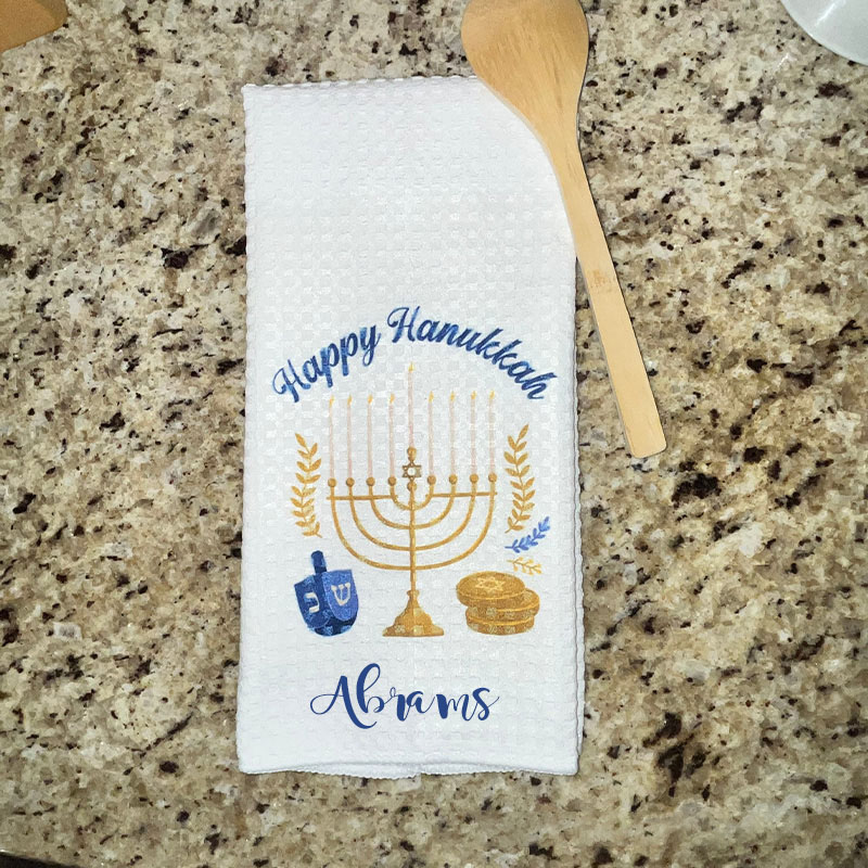 Personalized Happy Hanukkah Soft Waffle Tea Towel with Name Kitchen Decor Hanukkah Menorah Dreidel Dish Towel Happy Hanukkah Gift for Jewish Family