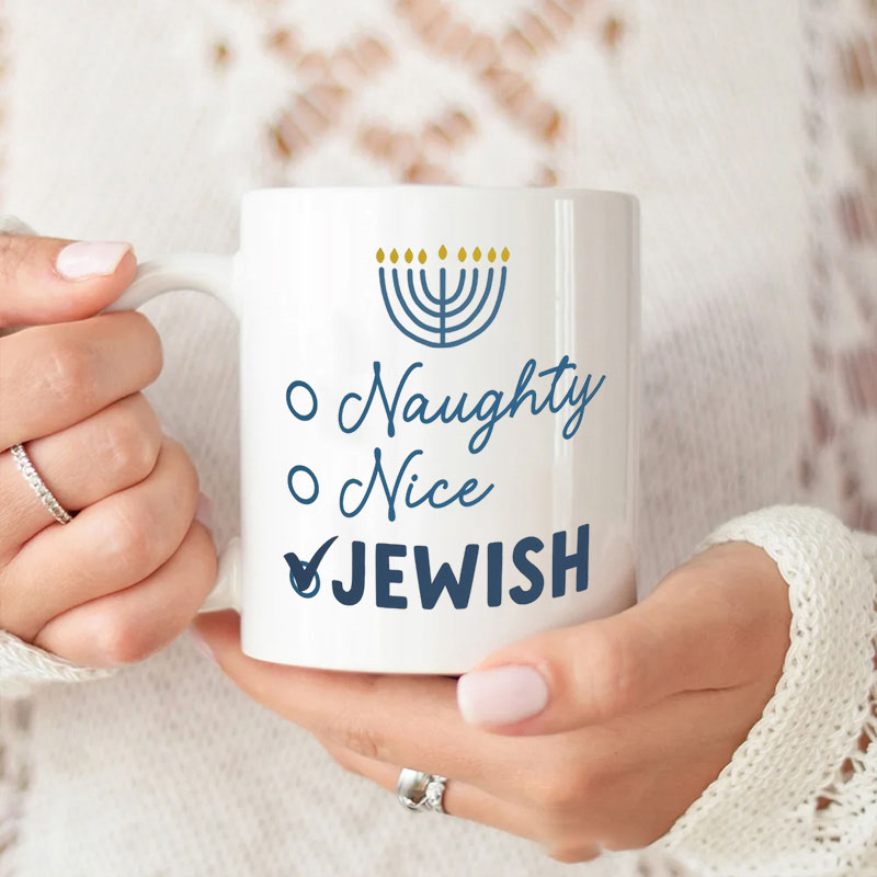 Personalized Naughty Nice Jewish Ceramic Mug with Name Hanukkah Coffee Mug Religious Gift Happy Hanukkah Gift for Jewish people