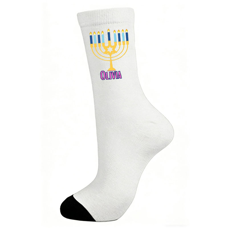 Personalized Hanukkah Menorah Socks with Blue Yellow or Pink Custom Name Religious Gift Happy Hanukkah Gift for Jewish Family