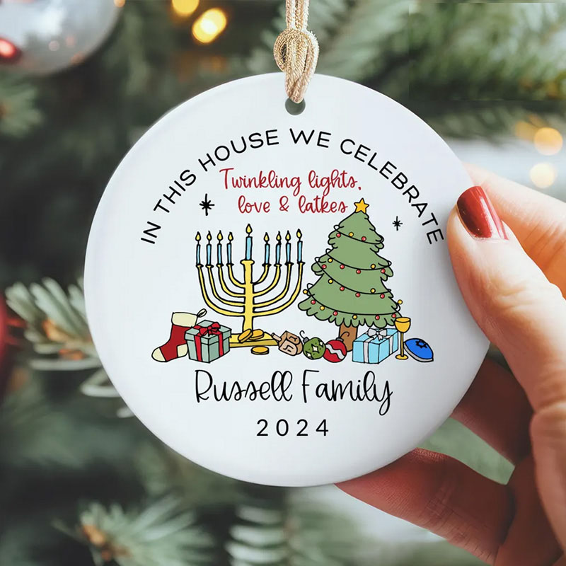 Personalized Hanukkah Christmas Ornament with Custom Family Name and Year Jewish Christmas Decor Merry Chrismukkah Gift Interfaith Family Gift