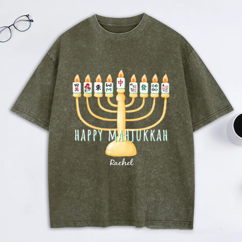 Personalized Hanukkah Mahjong Washed T-Shirt with Name Mahjong Lovers Holiday Shirt Mahj Funny Tee Jewish Holiday Gift Religious Funny Gift