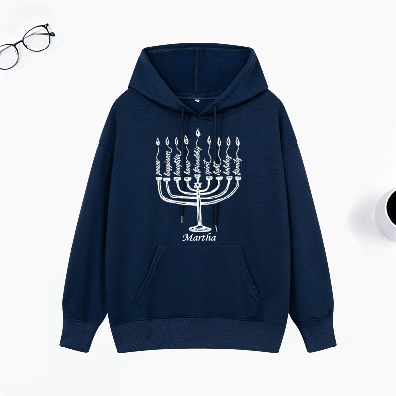 Personalized Peace Laughter Hanukkah Classic Hoodies with Name Unisex Hoodies Religious Gift Happy Hanukkah Gift for Jewish People