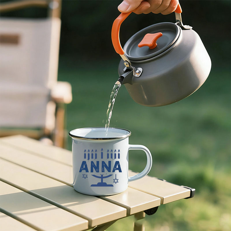 Personalized Hanukkah Menorah Campfire Enamel Mug with Custom Name Happy Hanukkah Gift for Jewish Gift for Campfire Adventurers Outdoor Enthusiasts