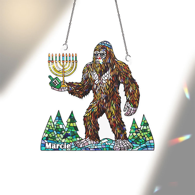 Personalized Holographic Bigfoot Hanukkah Suncatcher Ornament with Custom Name Sasquatch Judaica Window Hanging Hanukkah Decor Happy Hanukkahs Gift