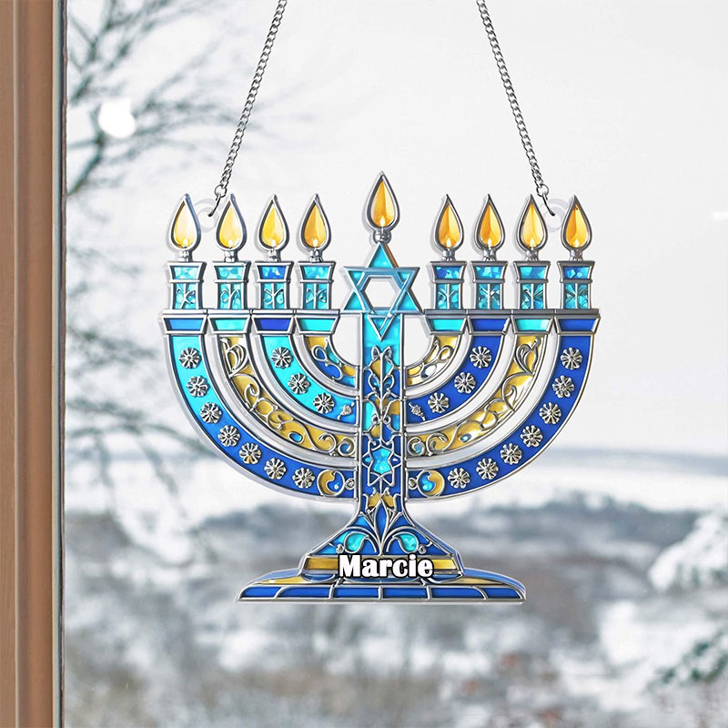 Personalized Hanukkah Menorah Suncatcher with Custom Name Jewish Window Hanging Sign Chanukah Jewish Holiday Star of David Happy Hanukkahs Israel Gift