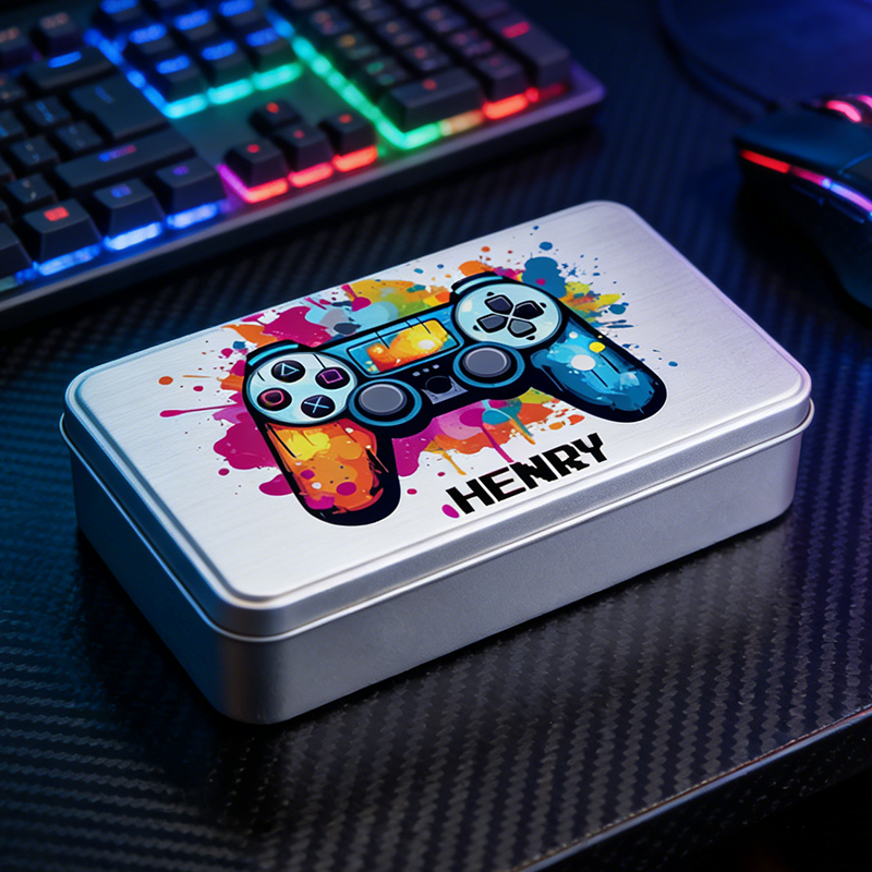 Personalized Splash-Ink Gamepad Design Biscuit Tin Storage Box with Name Birthday Gift for Kids Game Lover