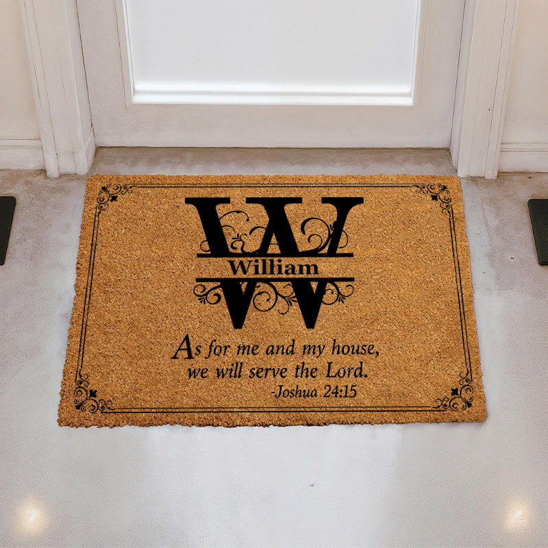 Personalized We Will Serve the Lord with Initials of Family Name Doormat Non-Slip Welcome Mat Religious Housewarming Gift