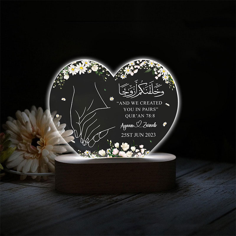 Personalized Muslim Couple Heart Shaped LED Lamp with Name Date and Wooden Base Nikah Anniversary Islamic Decor Islamic Wedding Gift with Quran Verse