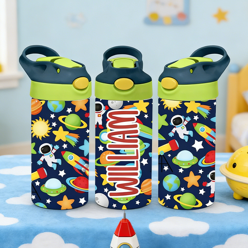 Personalized Outer Space 12oz Boys Tumbler, Pastel Personalized Leak Proof Flip Top Sports Water Bottle Kid School Lunch Insulated Sippy Cup