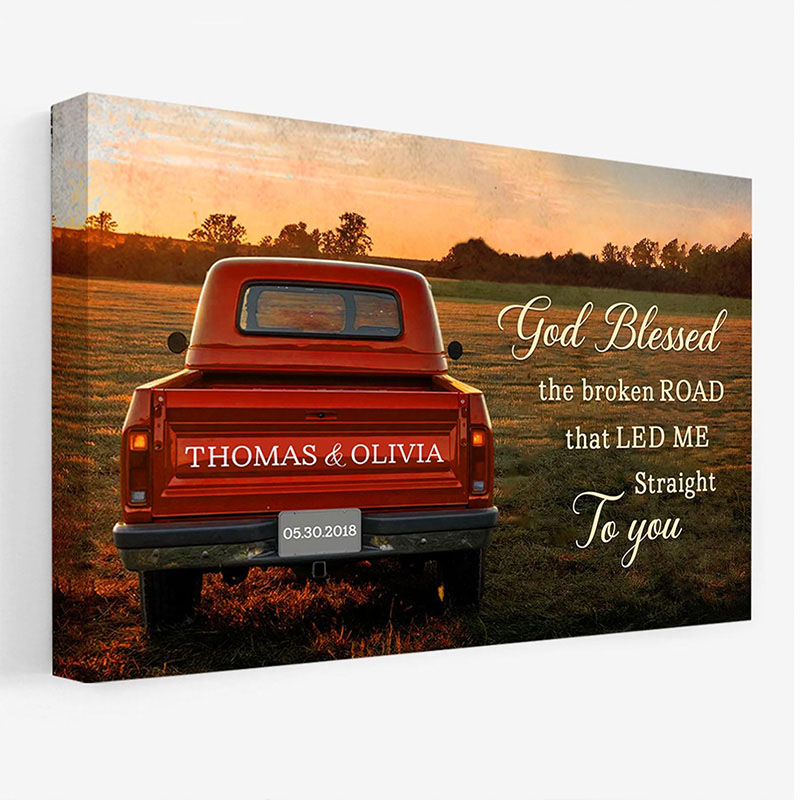 Personalized God Blessed The Broken Road Canvas Painting Vintage Truck with Couple Names Date Wedding Anniversary Gift Valentine Gift for Wife Husband