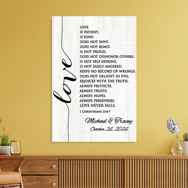 Personalized Corinthians Bible Verse Frameless Poster with Custom Couple Names Wedding Wall Decor Religious Gift for Couple