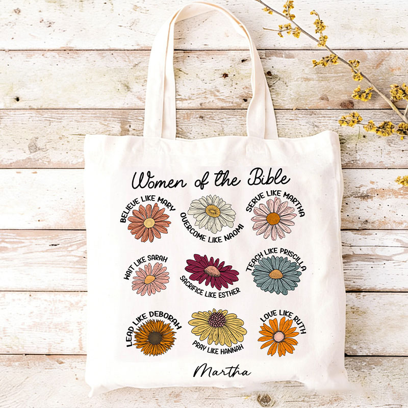 Personalized Women of the Bible Canvas Tote Bag with Custom Name Church Bible Study Daily Use Biblical Tote Floral Religious Christian Gift for Women